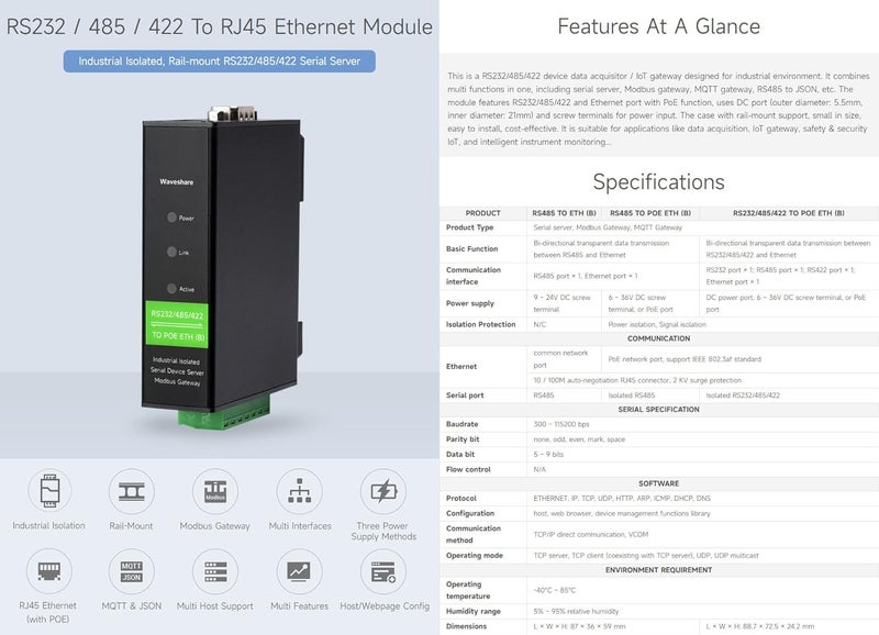 Waveshare RS232/485/422 to RJ45 Ethernet Module, TCP/IP to Serial, with POE Function, Bi-Directional Transparent Transmission, Suitable for Data Acquisition, Intelligent Instrument Monitoring, etc - Image 2